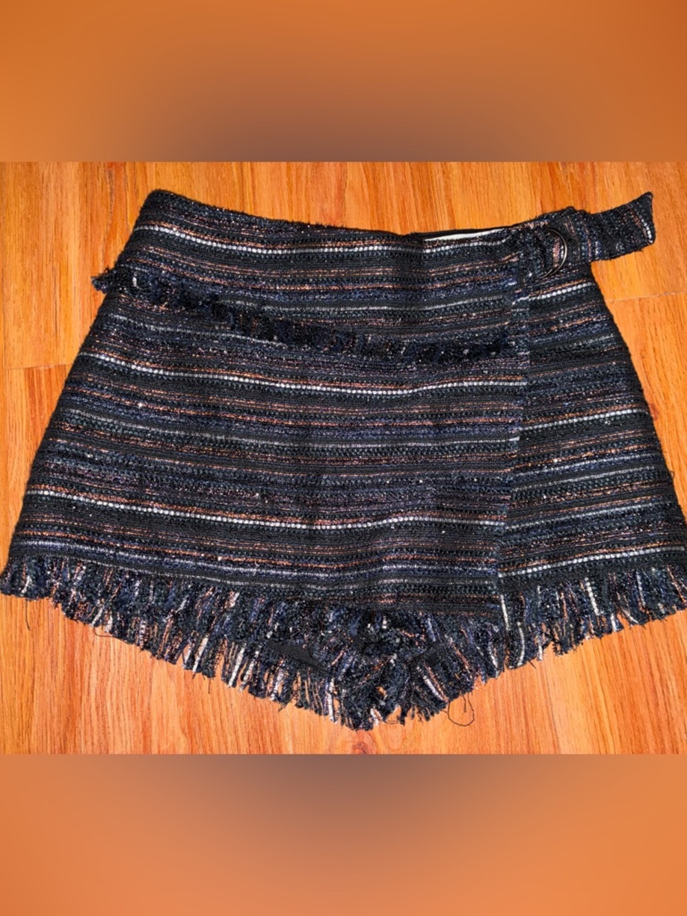 Lovers + Friends Black Woven Fringe Mini Skirt with Metallic Thread
